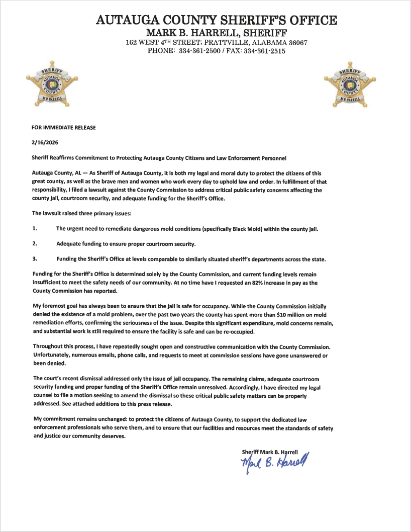 For immediate Release | Autauga County Sheriff's Office AL