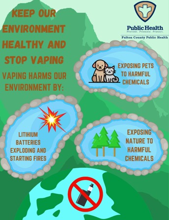 KEEP OUR ENVIRONMENT HEALTHY AND STOP VAPING. VAPING HARMS OUR ENVIRONMENT BY: LITIHIUM BATTERIES EXPLODING AND STARTING FIRES. EXPOSING PETS TO HARMFUL CHEMICALS. EXPOSING NATURE TO HARMFUL CHEMICALS.