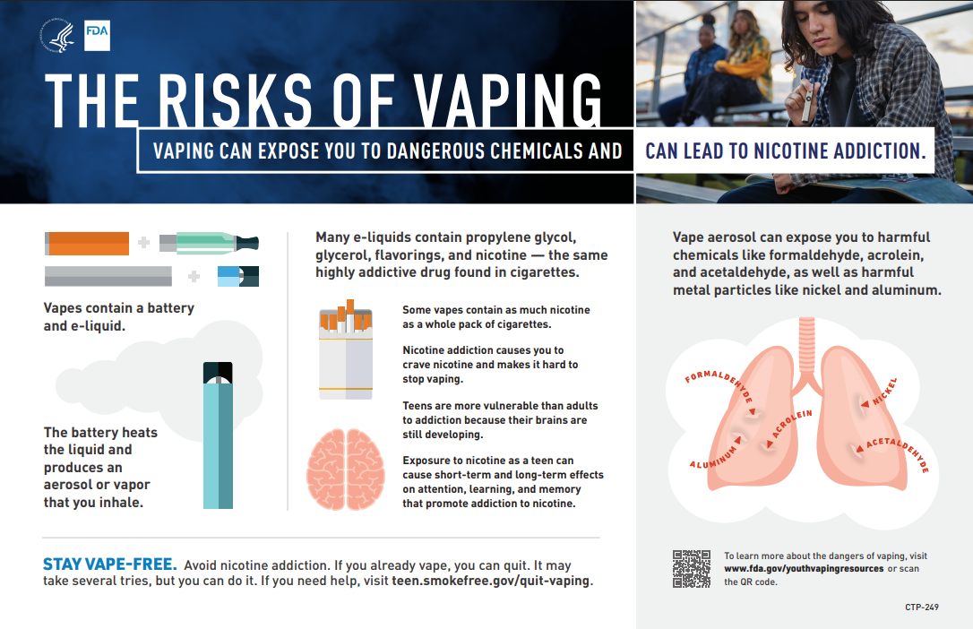 THE RISKS OF VAPING - VAPING CAN EXPOSE YOU TO DANGEROUS CHEMICALS AND CAN LEAD TO NICOTINE ADDICTION. Vapes contain a battery and e-liquid. The battery heats the liquid and produces an aerosol or vapor that you inhale. Many e-liquids contain propylene glycol, glycerol, flavorings, and nicotine - the same highly addictive drug found in cigarettes. Some vapes contain as much nicotine as a whole pack of cigarettes. Nicotine addiction causes you to crave nicotine and makes it hard to stop vaping. Teens are more vulnerable than adults to addiction because their brains are still developing. Exposure to nicotine as a teen can cause short-term and long-term effects on attention, learning, and memory that promote addiction to nicotine. Vape aerosol can expose you to harmful chemicals like formaldehyde, acrolein, and acetaldehyde, as well as harmful metal particles like nickel and aluminum. ALUMY To learn more about the dangers of vaping, visit www.fda.gov/youthvapingresources or scan the QR code. STAY VAPE-FREE. Avoid nicotine addiction. If you already vape, you can quit. It may take several tries, but you can do it. If you need help, visit teen.smokefree.gov/quit-vaping.