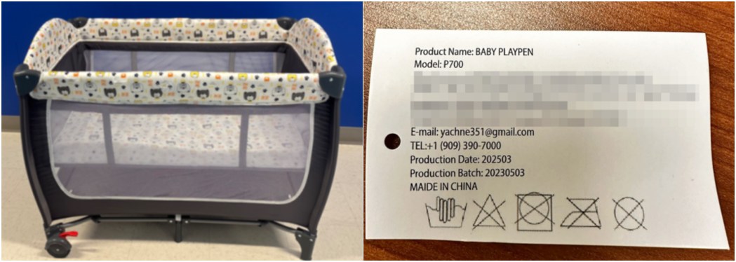Text on the tag: Product Name: BABY PLAYPEN Model: P700.E-mail: yachne351@gmail.com TEL:+1 (909) 390-7000 Production Date: 202503. Production Batch: 20230503.MAIDE IN CHINA