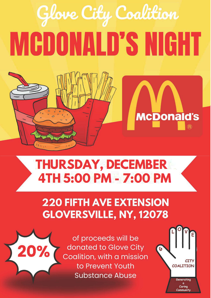 Poster with information as above but includes the McDonald's logo and a drawing of a burger, firs and drink.
