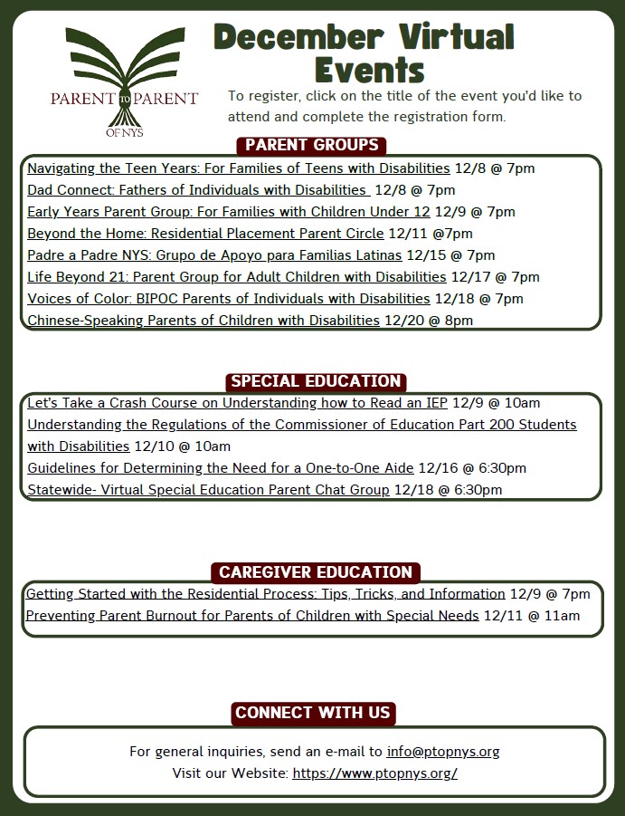 Parent to Parent NYS - December Events. Full event list at https://www.ptopnys.org/calendar/.