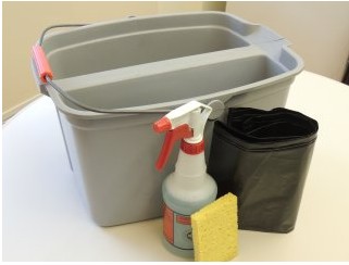Mop bucket, cleaner solution in a spray bottle, sponge, a roll of garbage bags
