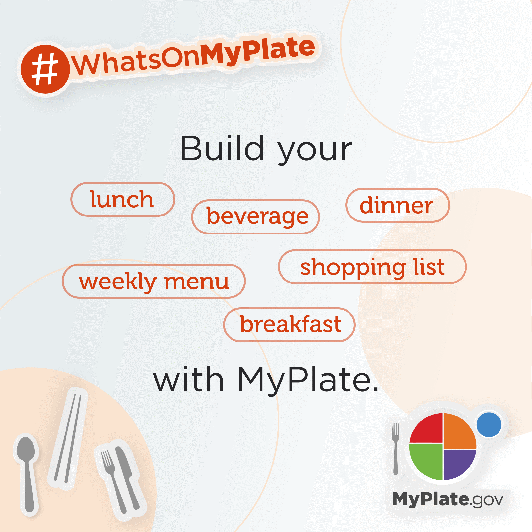 #WhatsOnMyPlate. Build your: lunch, weekly menu, dinner, beverage, shopping list, breakfast with MyPlate.gov