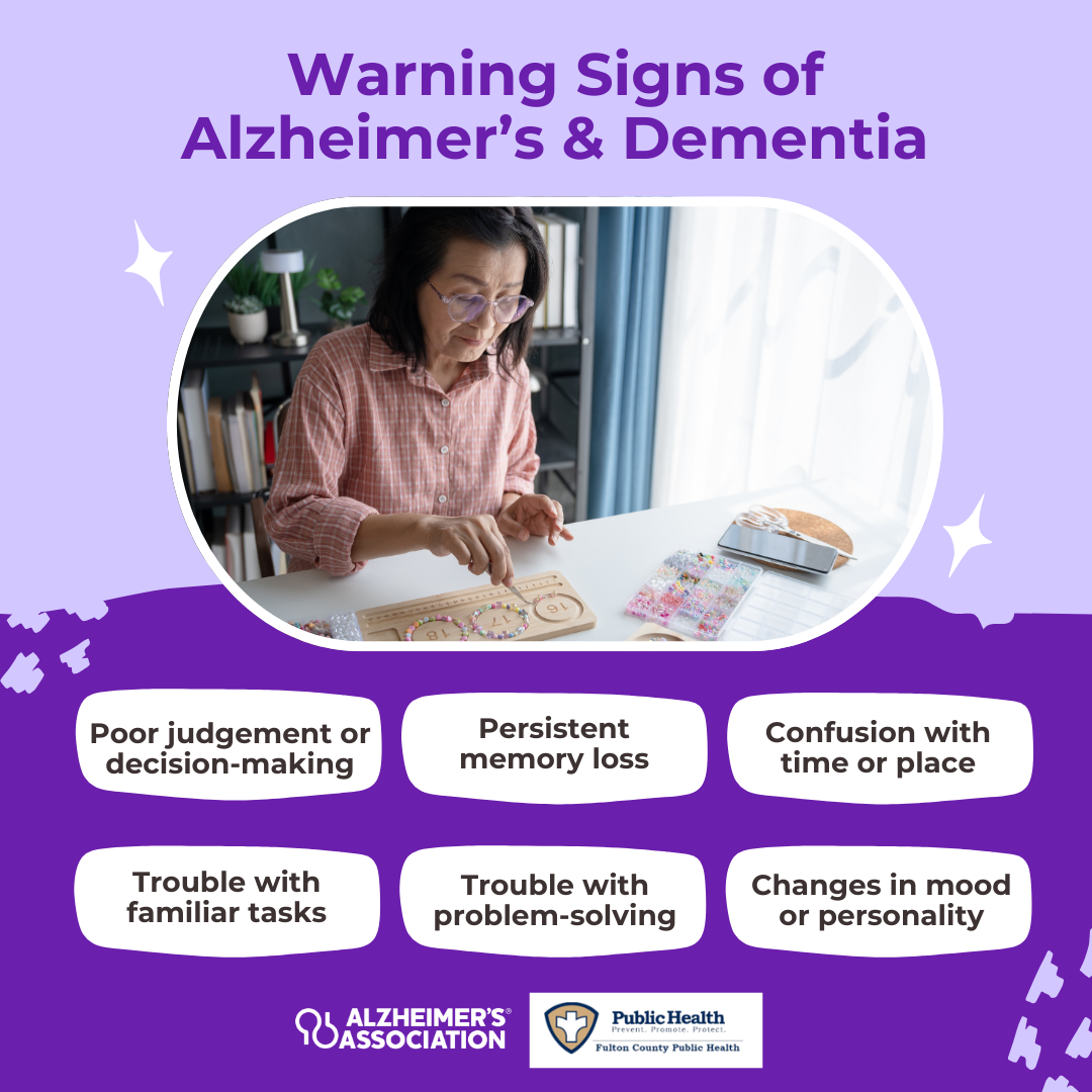 Warning Signs of Alzheimer's & Dementia. Poor judgement or decision-making. Persistent memory loss. Confusion with time or place. Trouble with familiar tasks. Trouble with problem-solving. Changes in mood or personality.