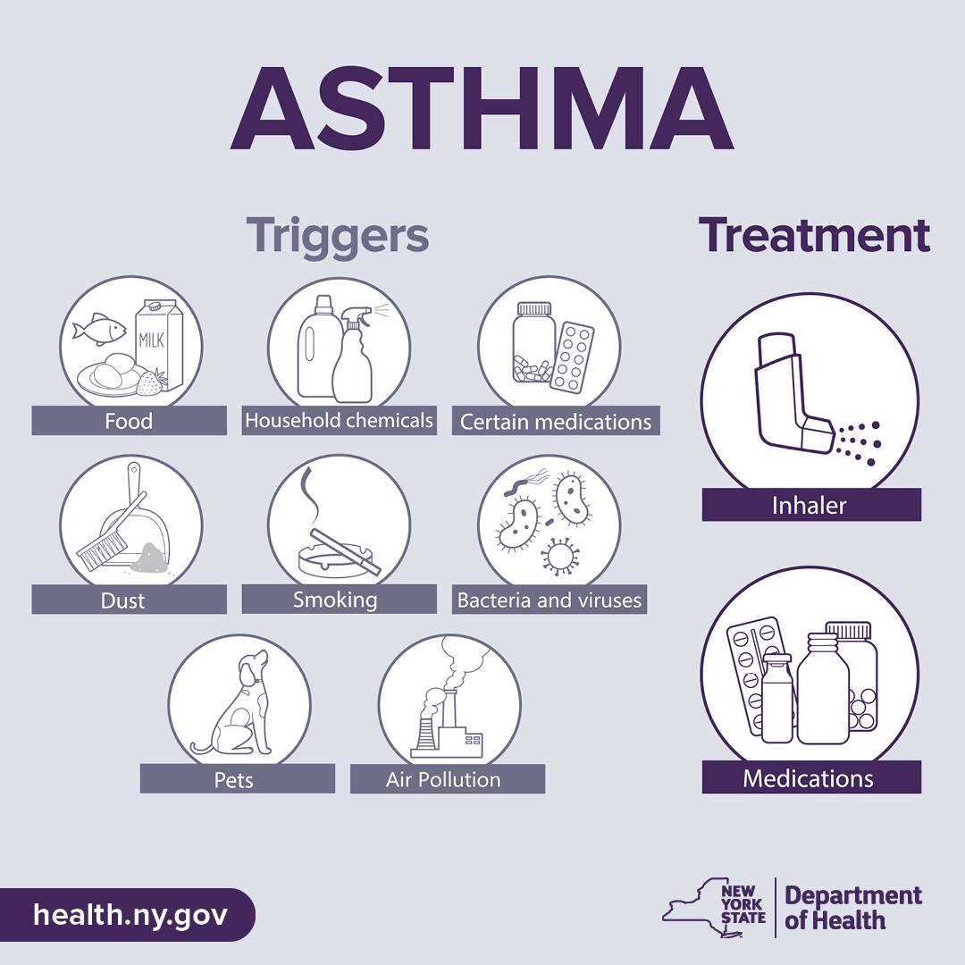 ASTHMA Triggers: Food, Household chemicals, Certain medications, Dust, Smoking, Bacteria and Viruses, Pets, Air Pollution. TreatmentS: Inhaler, Medications.