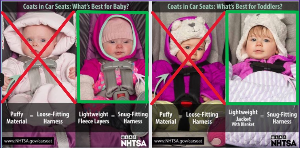 Lightweight fleece layers or a lightweight jacket with blanket both allow for a snug fitting car seat harness.
