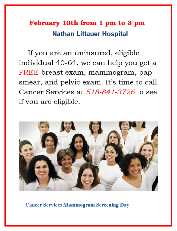 If you are an uninsured, eligible individual 40-64, we can help you get a free breast exam, mammogram, pap smear, and pelvic exam. It's time to call Cancer Services at 518-841-3726 to see if you are eligible. Cancer Services Mammogram Screening Day