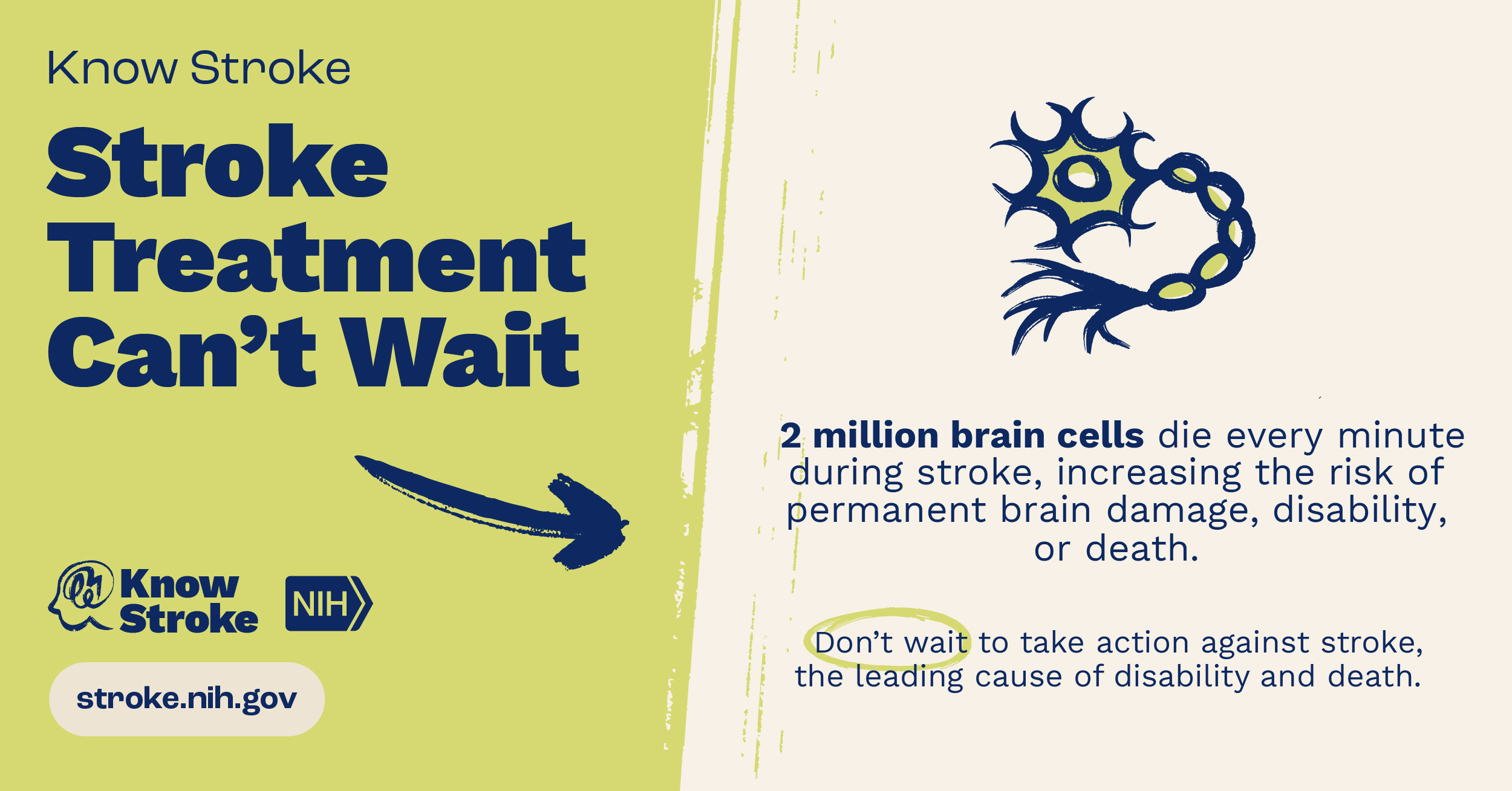 Know Stroke Stroke Treatment Can't Wait. 2 million brain cells die every minute during stroke, increasing the risk of permanent brain damage, disability, or death. Don't wait to take action against stroke, the leading cause of disability and death.