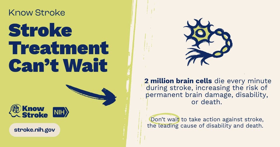 Stroke Treatment Can't Wait. 2 million brain cells die every minute during stroke, increasing the risk of permanent brain damage, disability, or death. Don't wait to take action against stroke, the leading cause of disability and death.