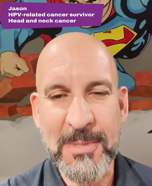 Bald man with beard. Jason HPV-related cancer survivor. Head and neck cancer.