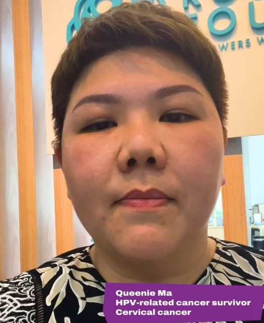 Close-up of a person with short brown hair and patterned top. Queenie Ma. HPV-related cancer survivor. Cervical cancer.