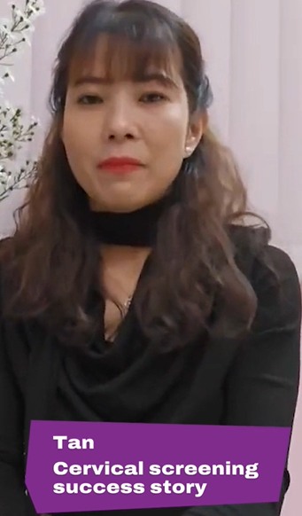 Woman seated with a plant in the background and a purple text banner. Tan. Cervical screening success story.