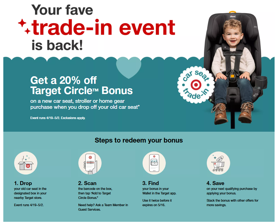 Your fave trade-in event is back! Get 20% off with a Target Circle™ Bonus on a new car seat, stroller or home gear purchase when you drop off your old car seat. Event runs 4/19-5/2. Exclusions apply. 1. Drop off your old car seat in the designated box in your nearby Target store. 2. Scan the QR code on the box. then tap 'Add to Target Circle Bonus'. 3. Find your bonus in your Wallet in the Target app. Use it twice before it expires on 5/16. 4. Save on your next qualifying purchase by applying your bonus Stack the bonus with other offers for more savings.