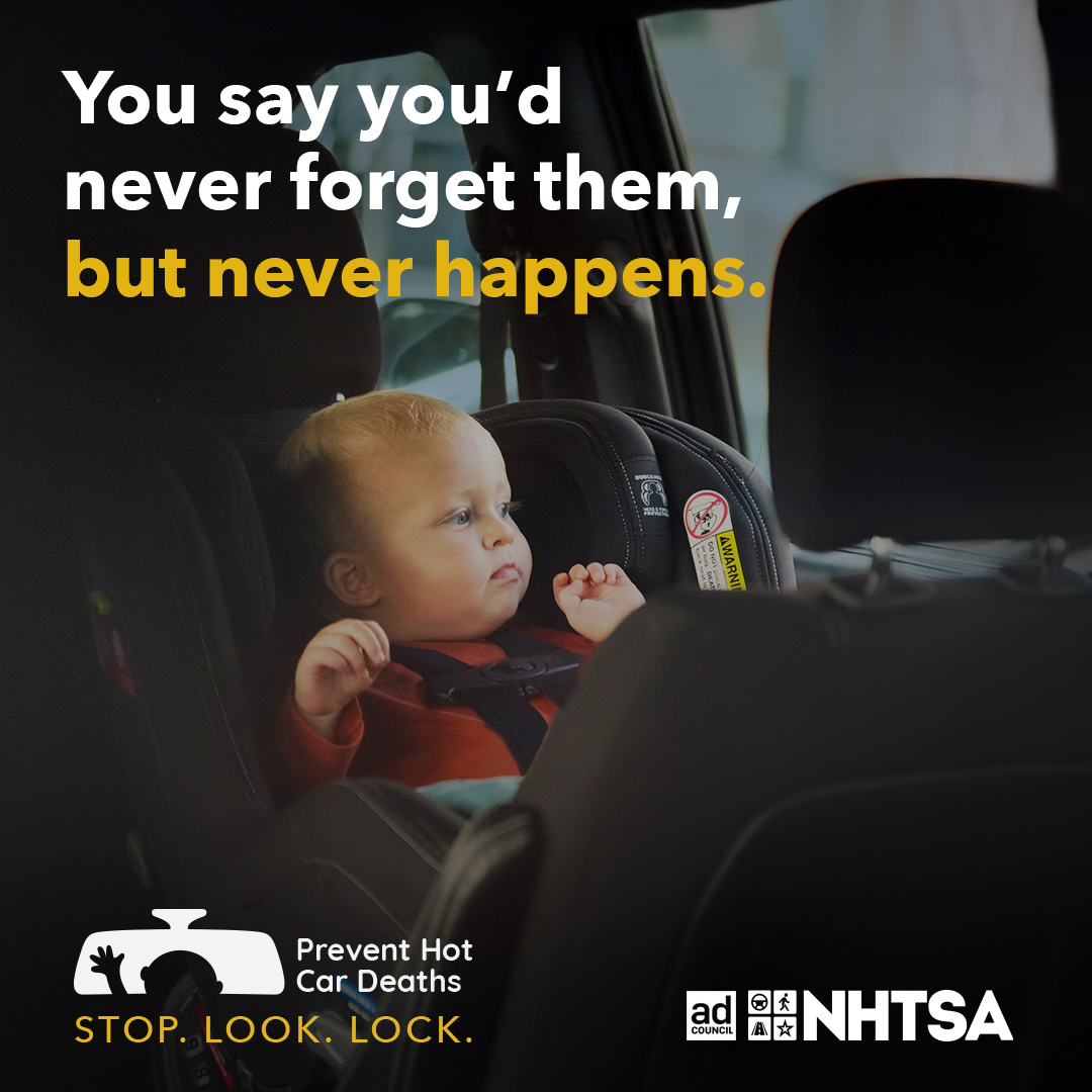 A child in a car seat with the text - You say you'd never forget them, but never happens.