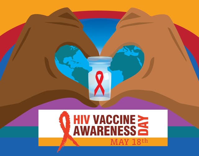 Illustration of hands forming a heart shape around a globe and a vaccine vial with a red ribbon, promoting HIV Vaccine Awareness Day on May 18th.