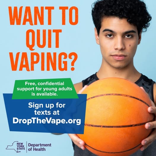 A young person holds a basketball, with text offering support to quit vaping: WANT TO QUIT VAPING? Free, confidential support for young adults is available. Sign up for texts at DropTheVape.org