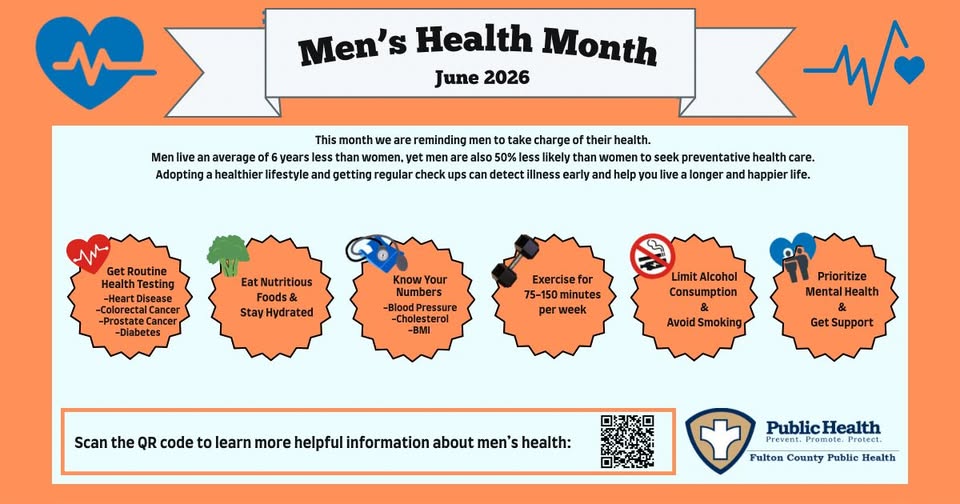Men's Health Month June 2026 This month we are reminding men to take charge of their health. Men live an average of 6 years less than women. yet men are also 50% less likely than women to seek preventative health care. Adopting a healthier lifestyle and getting regular check ups can detect illness early and help you live a longer and happier life. Get Routine Health Testing -Heart Disease -Colorectal Cancer -Prostate Cancer -Diabetes Eat Nutritious Foods & Stay Hydrated Know Your Numbers -Blood Pressure -Cholesterol -Limit Alcohol Consumption -Avoid Smoking -Prioritize Mental Health -Exercise for 75-150 minutes per week & Get Support