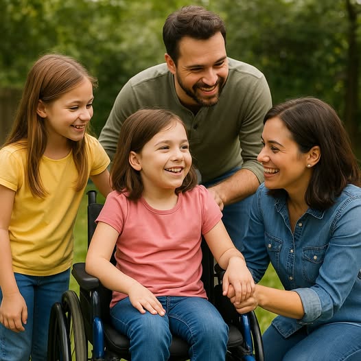 A smiling family of four, with a girl in a wheelchair, outdoors in a green setting.