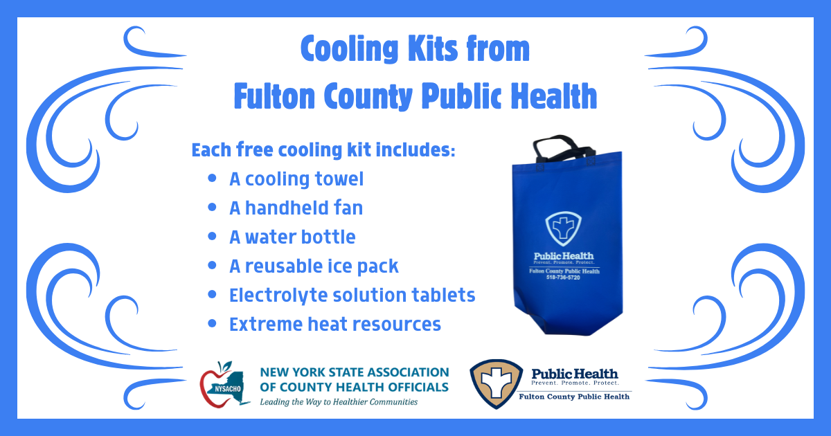 Cooling Kits from Fulton County Public Health Each free cooling kit includes: • A cooling towel • A handheld fan • A water bottle • A reusable ice pack • Electrolyte solution tablets • Extreme heat resources
