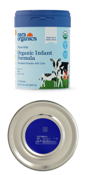 Cylindrical container of nara organics Whole Milk Organic Infant Formula with blue lid and illustrations of cows.