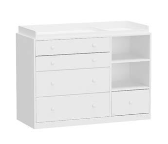 White dresser with five drawers and two open shelves.