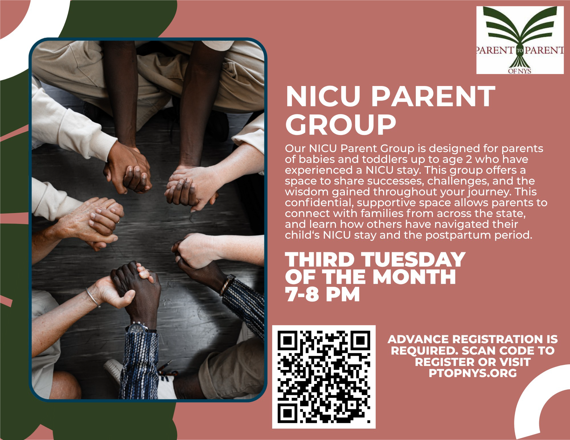 Our NICU Parent Group is designed for parents of babies and toddlers up to age 2 who have experienced a NICU stay. This group offers a space to share successes, challenges, and the wisdom gained throughout your journey. This confidential, supportive space allows parents to connect with families from across the state, and learn how others have navigated their child's NICU stay and the postpartum period. THIRD TUESDAY OF THE MONTH 7-8 PM.