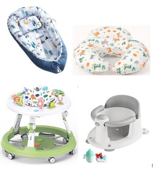 four baby accessories: a blue baby nest, a U-shaped nursing pillow with animal patterns, a circular activity walker, and a gray and white baby seat with a tray.