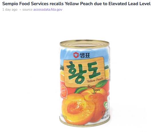 Can of Sempio Yellow Peach shown beneath a recall notice about elevated lead levels.