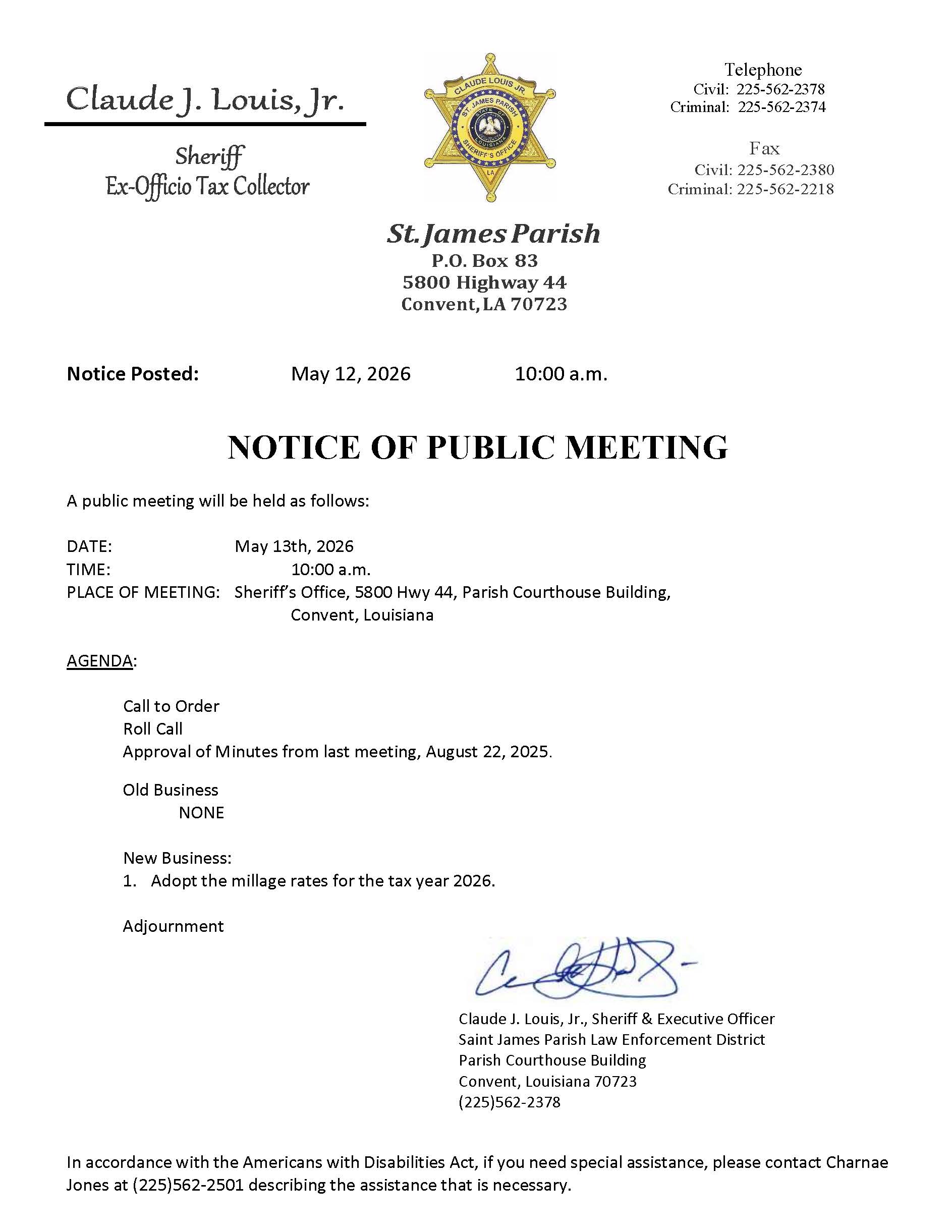 Mnotice St. James Parish Sheriff's Office