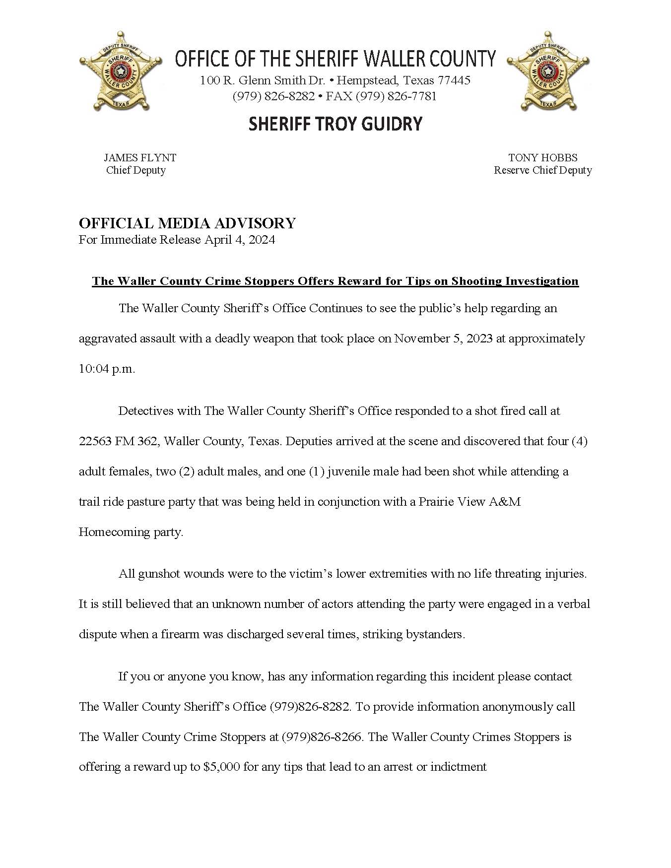 The Waller County Crime Stoppers Offers Reward for Tips on Shooting ...